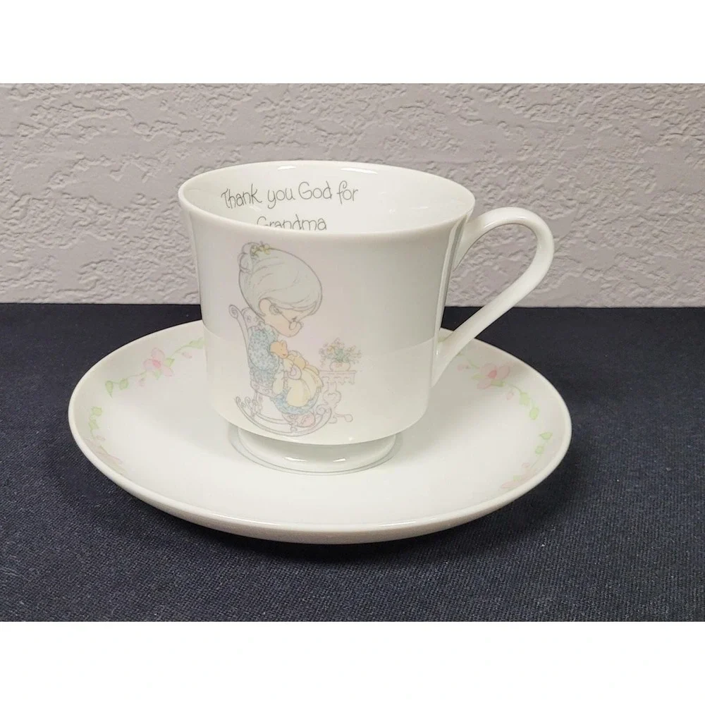 Enesco Precious Moments Tea Cup/Saucer Thank You God For Grandma (1984)